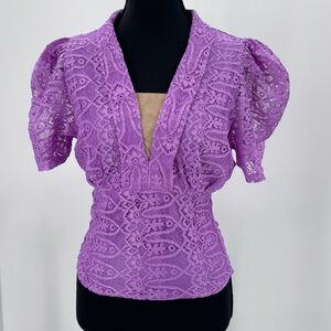 Romantic Lavender Lace bodycon FairyCore Puff Sleeve Plunging Neckline Top